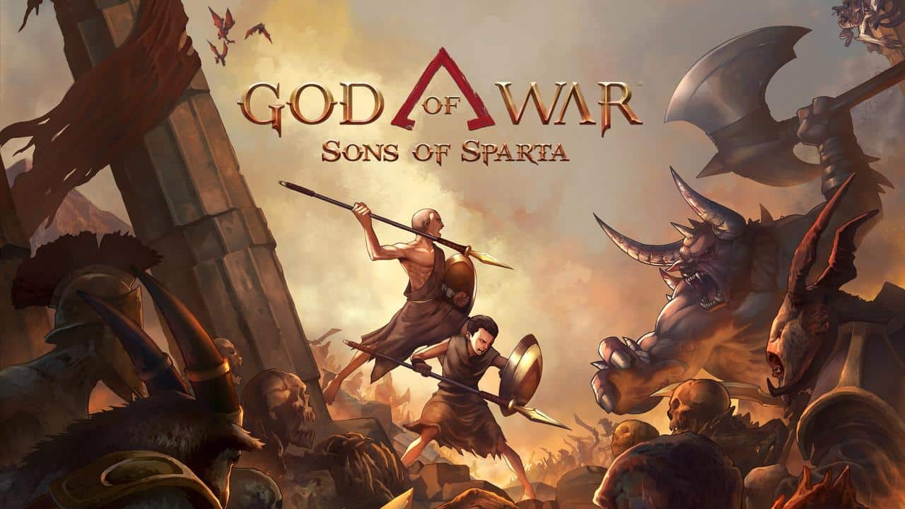 Under the "God of War: Sons of Sparta" title, two warriors clash with monstrous foes, their weapons flashing in a dramatic battle.
