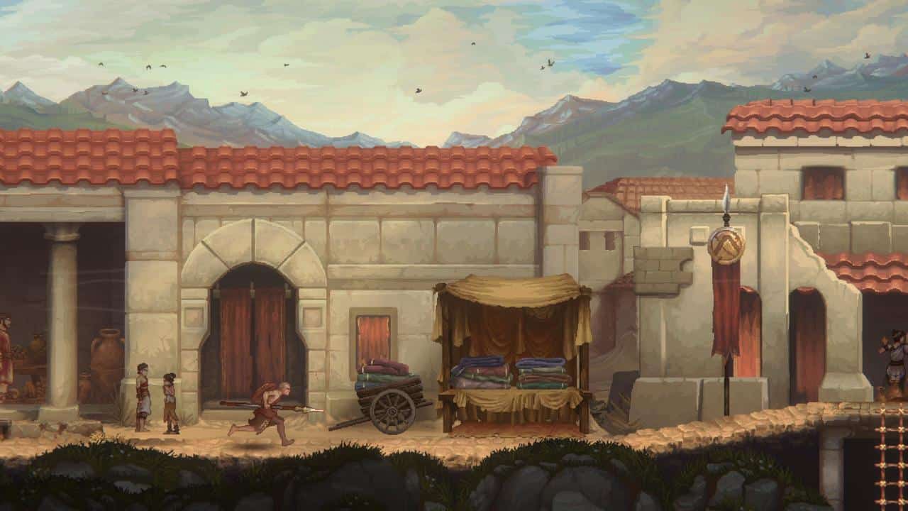 Pixel art scene of an ancient marketplace inspired by God of War: Sons of Sparta, featuring people, bustling stalls, stone buildings, and majestic mountains in the background.