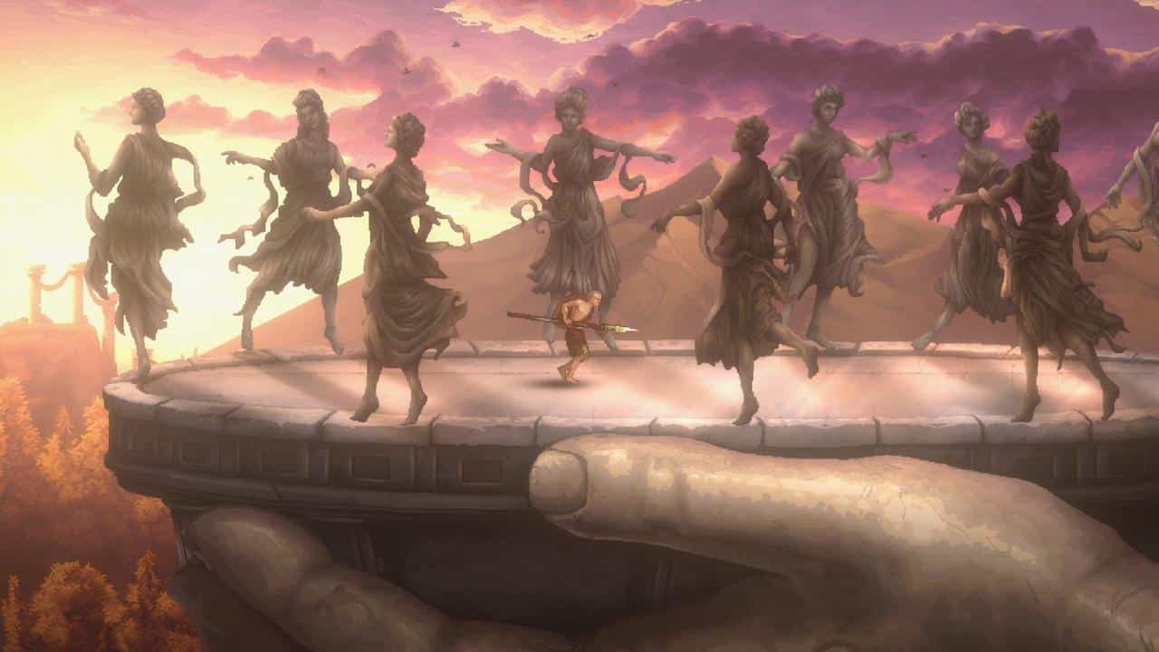 A small figure dances among statues of women on a giant stone hand under a colorful sunset sky, evoking the mythic atmosphere of God of War: Sons of Sparta.