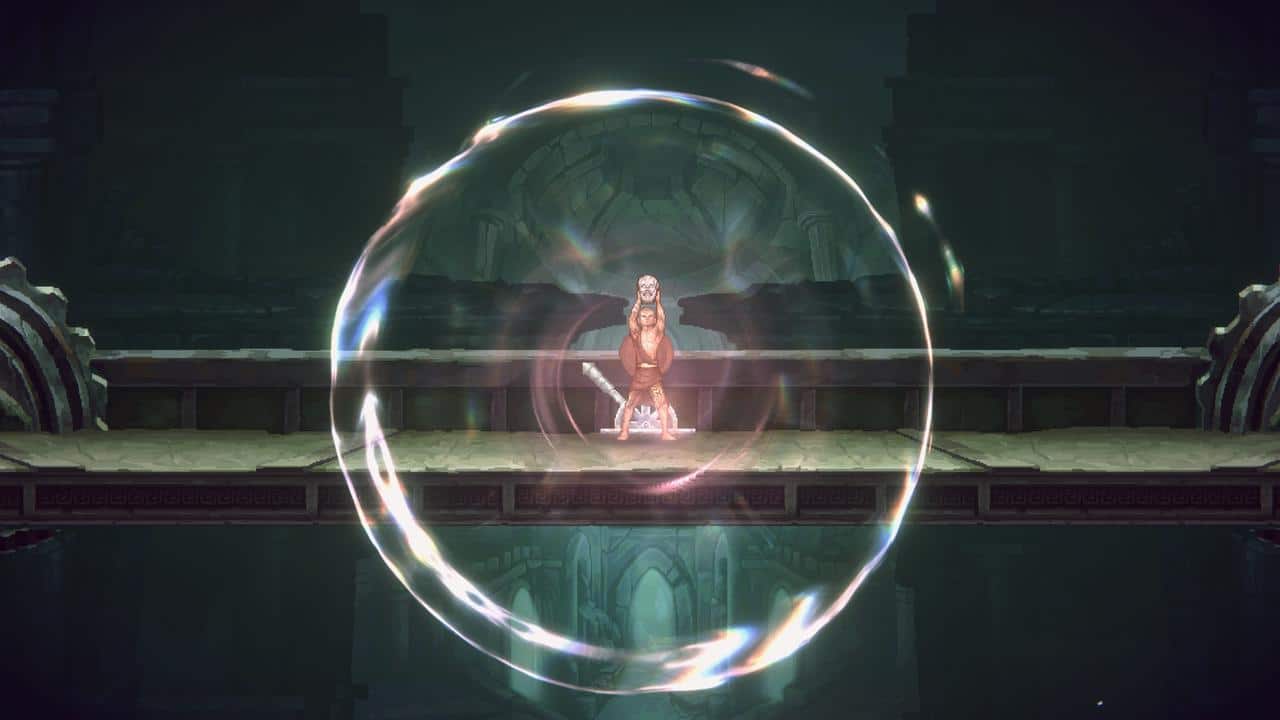A character stands on a bridge, surrounded by a glowing, circular energy shield in a dark, mystical setting inspired by God of War: Sons of Sparta.