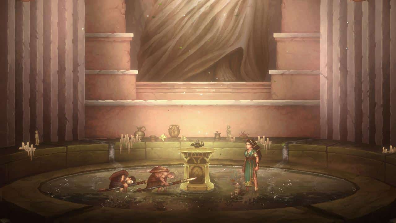 Two armored figures kneel by a fountain in a grand, candlelit stone hall, a large tree towering in the background—an atmosphere reminiscent of God of War: Sons of Sparta.