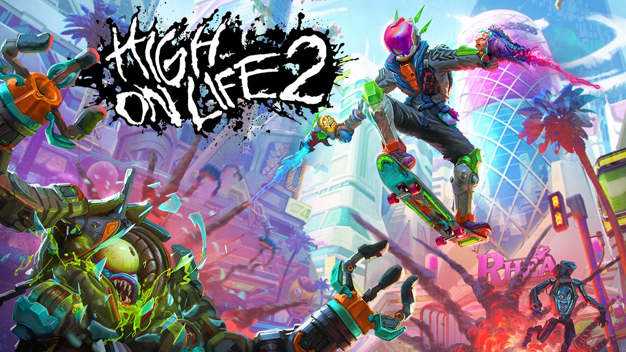 Colorful city scene with a futuristic skater dodging robotic monsters; the "High On Life 2" logo appears in bold graffiti style, capturing the game's vibrant energy.