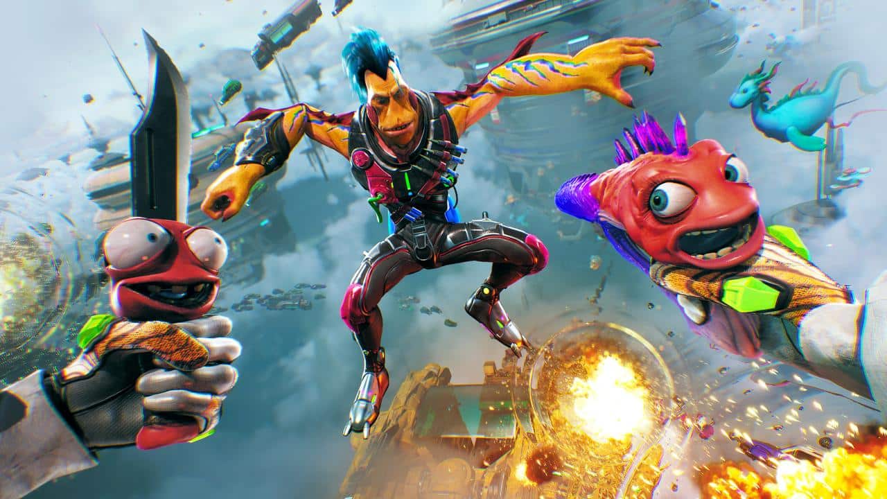 A colorful alien with blue hair leaps in mid-air, holding talking guns with expressive cartoon faces. Explosions erupt below in this action-packed scene from High On Life 2.