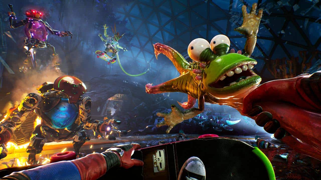 A person skateboards past robots and a goofy, wide-eyed alien in a colorful, chaotic sci-fi setting inspired by High On Life 2.