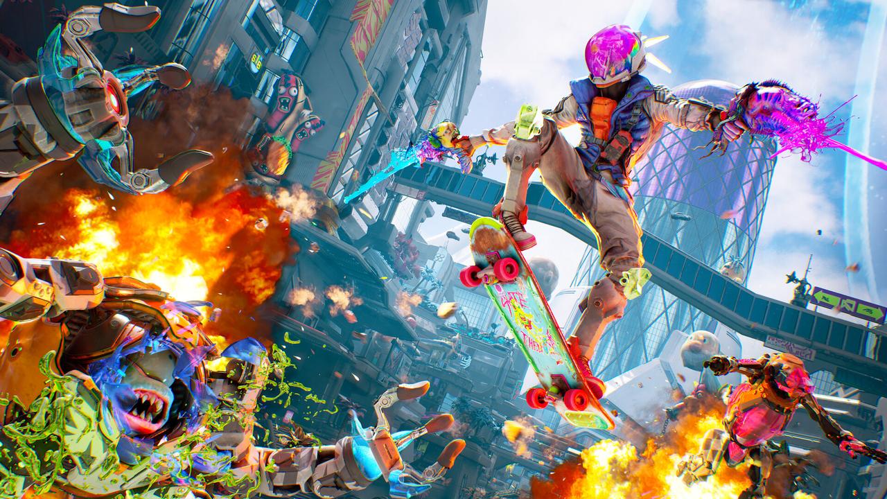 A masked figure on a skateboard battles robotic enemies in a futuristic, colorful city with explosions—an action-packed scene reminiscent of High On Life 2.