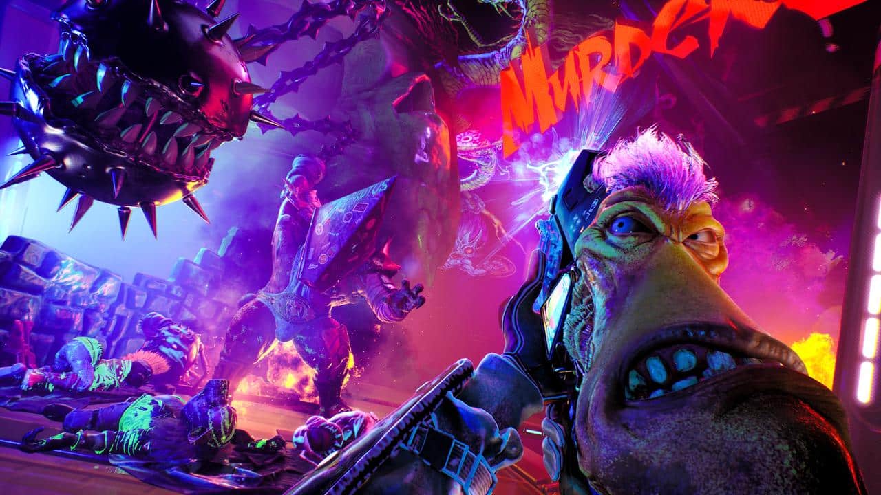 Colorful sci-fi scene inspired by High On Life 2 with an angry alien, weapon, fallen bodies, spiked sphere, and "MURDER" in bold red letters.