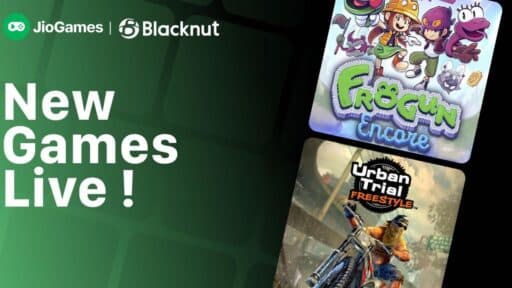 JioGames and Blacknut New Games Live banner featuring Frogun Encore and Urban Trial Freestyle key art.