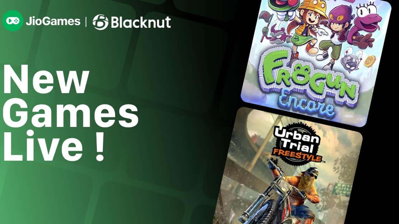 JioGames and Blacknut New Games Live banner featuring Frogun Encore and Urban Trial Freestyle key art.