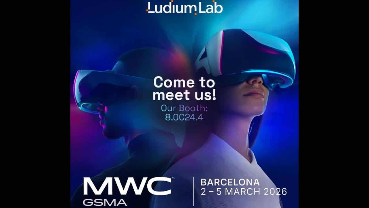 Two people wearing VR headsets with text: "Experience cloud gaming! Come to meet us at MWC 2026, Barcelona, 2-5 March. Booth: 8.0C24.4.