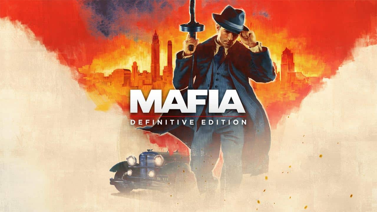 A man in a suit and hat holding a gun stands before a city skyline; "Mafia: Definitive Edition PLEIO" is displayed.