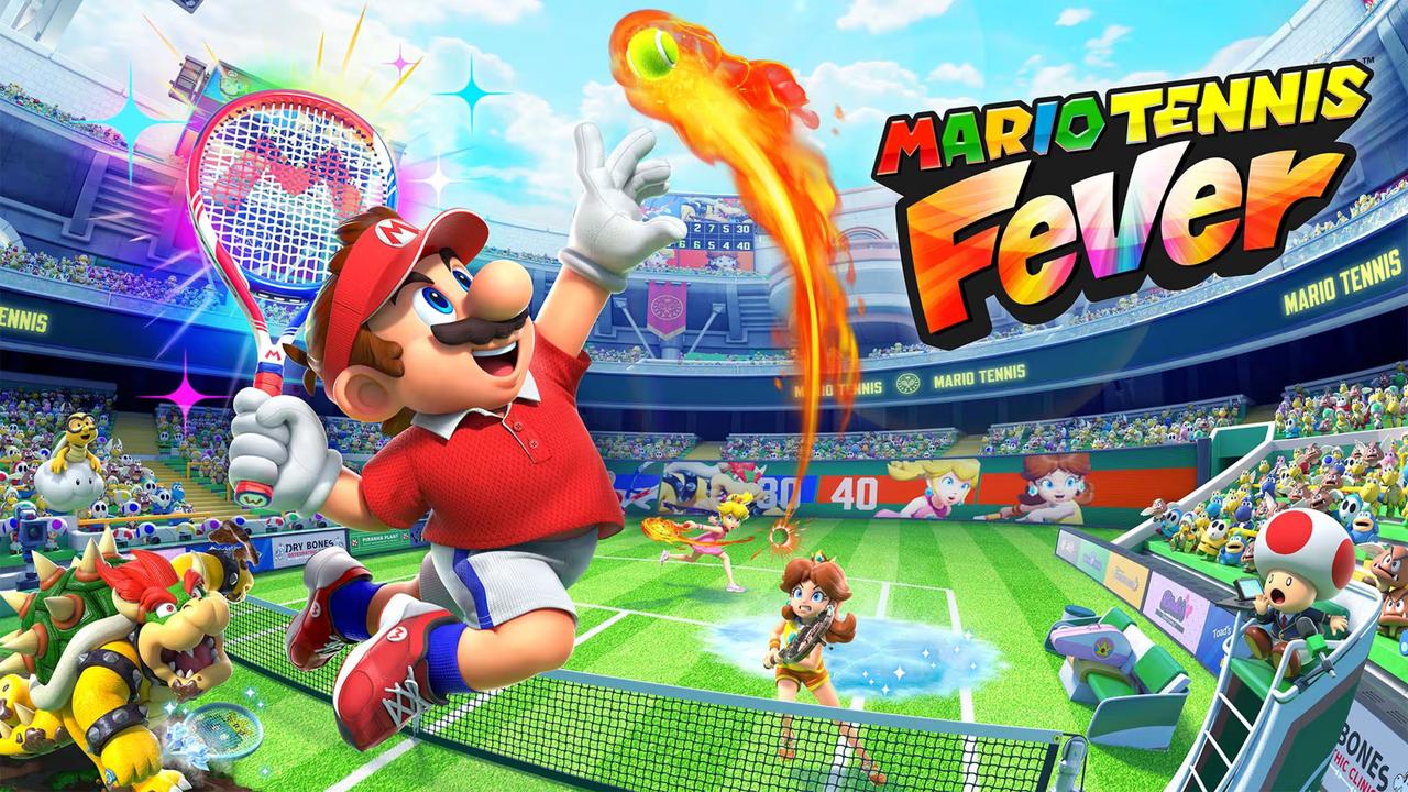 Mario unleashes a fiery shot on a vibrant court, surrounded by friends, as the "Mario Tennis Fever" logo lights up the action.