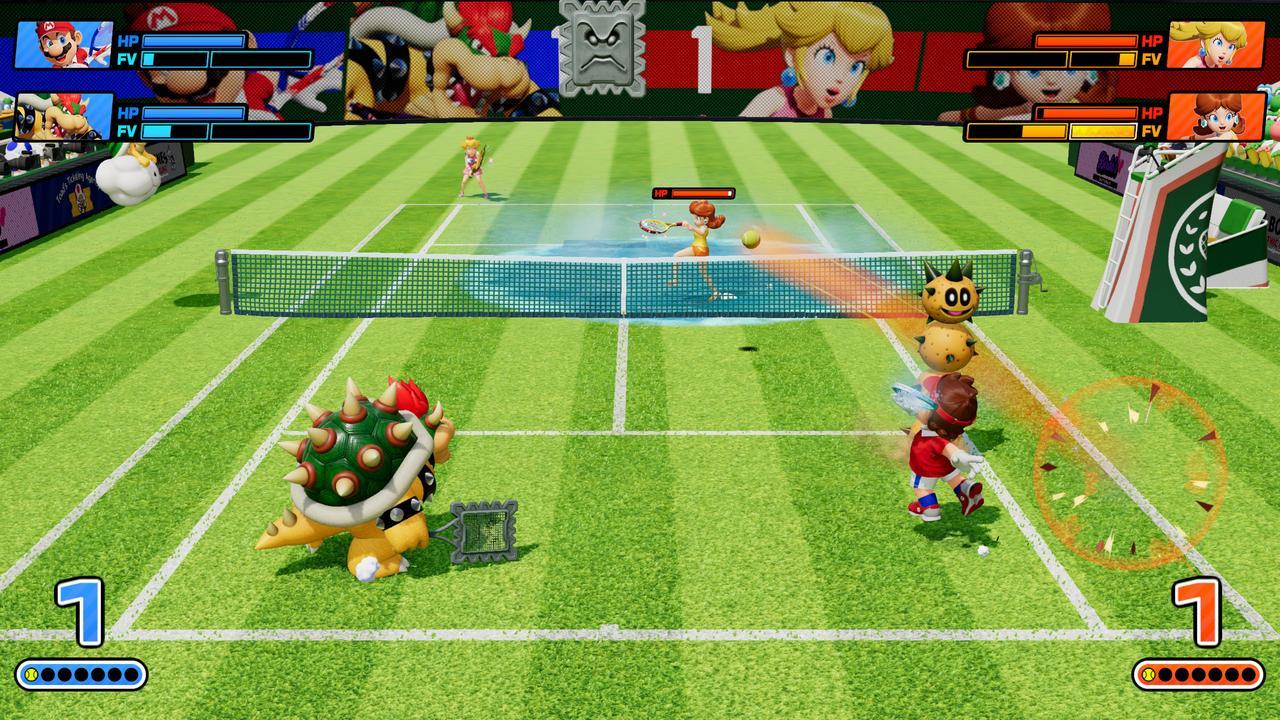 Mario Tennis Fever brings Mario characters together for an exciting doubles tennis match on a grassy court in a vibrant, colorful video game world.
