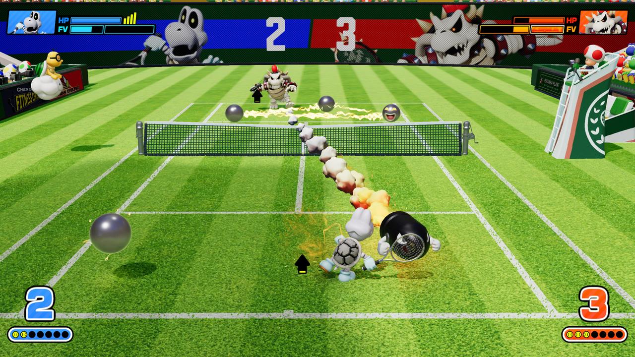 In this Mario Tennis Fever match, Bowser Jr. and Dry Bones face off using Bullet Bills as tennis balls. The intense rally ends with a score of 2-3.
