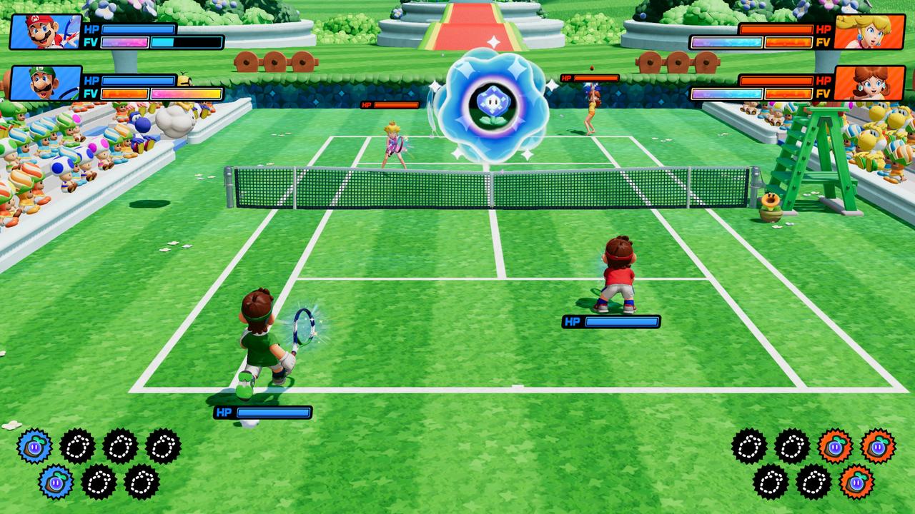 Mario Tennis Fever brings your favorite Mario characters to a vibrant court, where they clash in a thrilling tennis match packed with special effects and health bars.