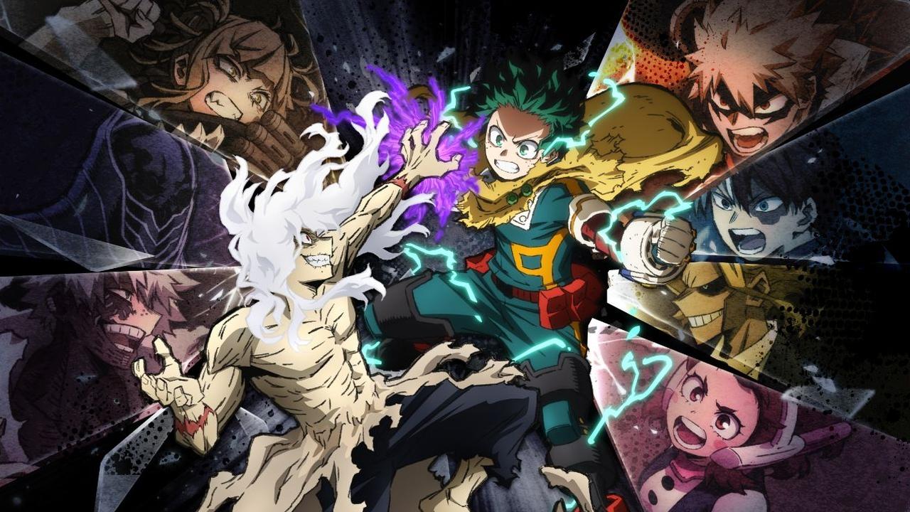 Two anime characters clash in the center, surrounded by intense faces and dramatic energy effects in the background, capturing the thrilling spirit of My Hero Academia: All's Justice.