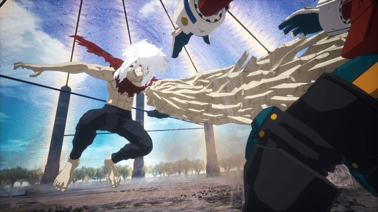 A white-haired anime character leaps as a large, hand-shaped arm attacks him inside a glass dome in My Hero Academia: All's Justice.