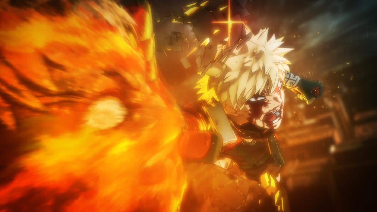 Anime character with spiky blonde hair unleashes a fiery explosion from their arm in an intense My Hero Academia: All's Justice battle scene.