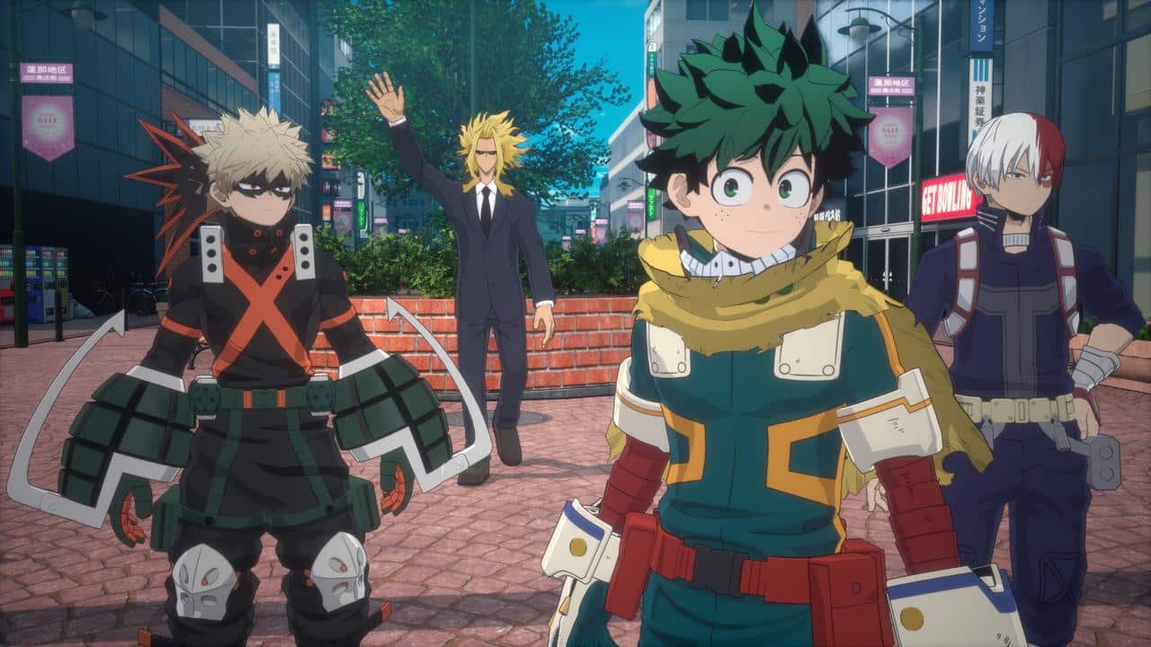 Three young heroes and a blond man in a suit stand outdoors in an urban area with shops and trees, ready to defend peace in My Hero Academia: All's Justice.