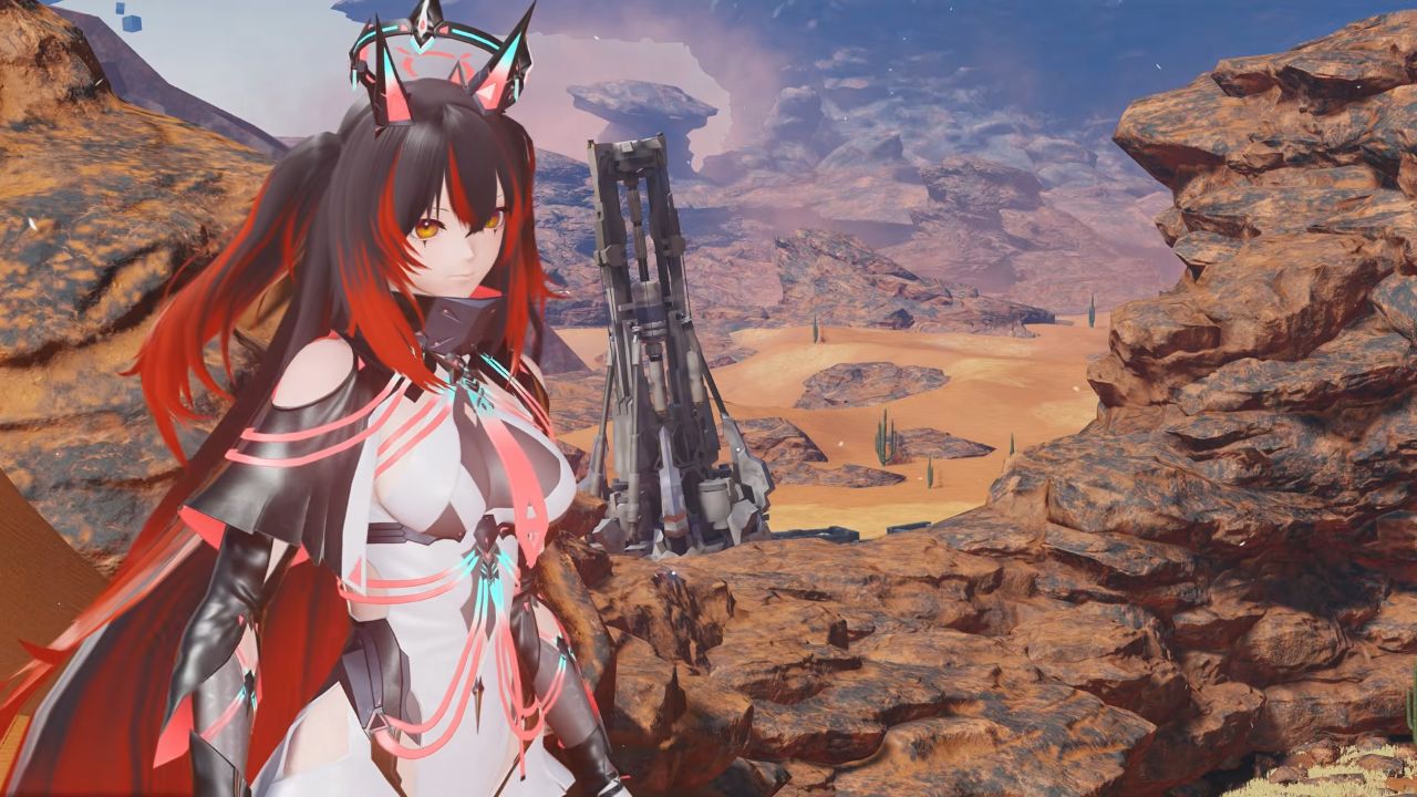 Anime girl with red and black hair stands in a rocky, desert landscape with futuristic ruins in the background.