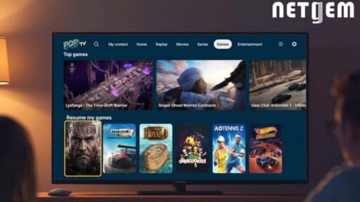 Netgem PLEIO cloud gaming interface on POP TV platform showing game catalogue integrated into telecom TV service.