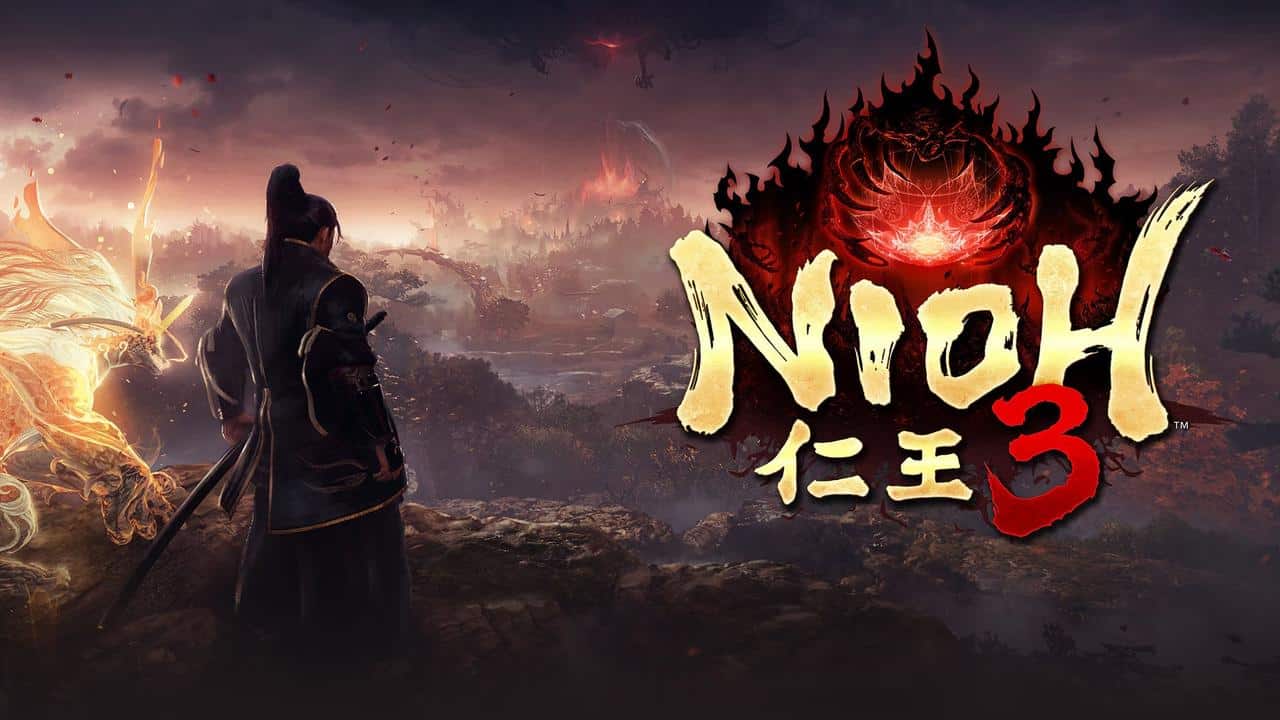 A warrior faces a fiery landscape with "Nioh 3" title and Japanese text in bold, dramatic style.