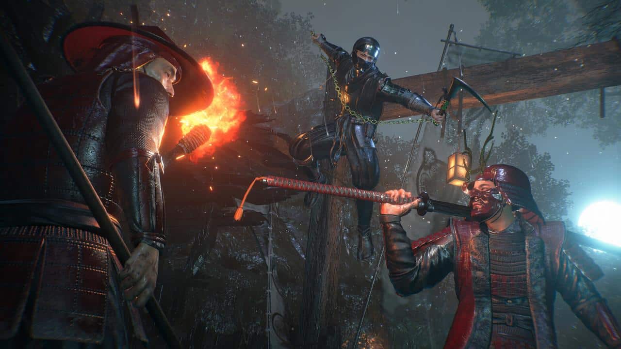 Three armored warriors confront each other in a dark, misty forest, weapons drawn and ready to fight.