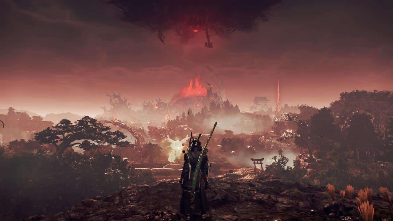 A lone warrior stands on a cliff, overlooking a dark, ominous landscape with a fiery red sky and castle.