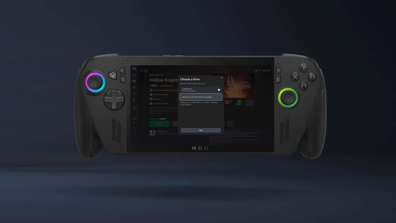 ROG Xbox Ally displaying a game library, settings menu, and February Xbox update features for cloud gaming on screen.