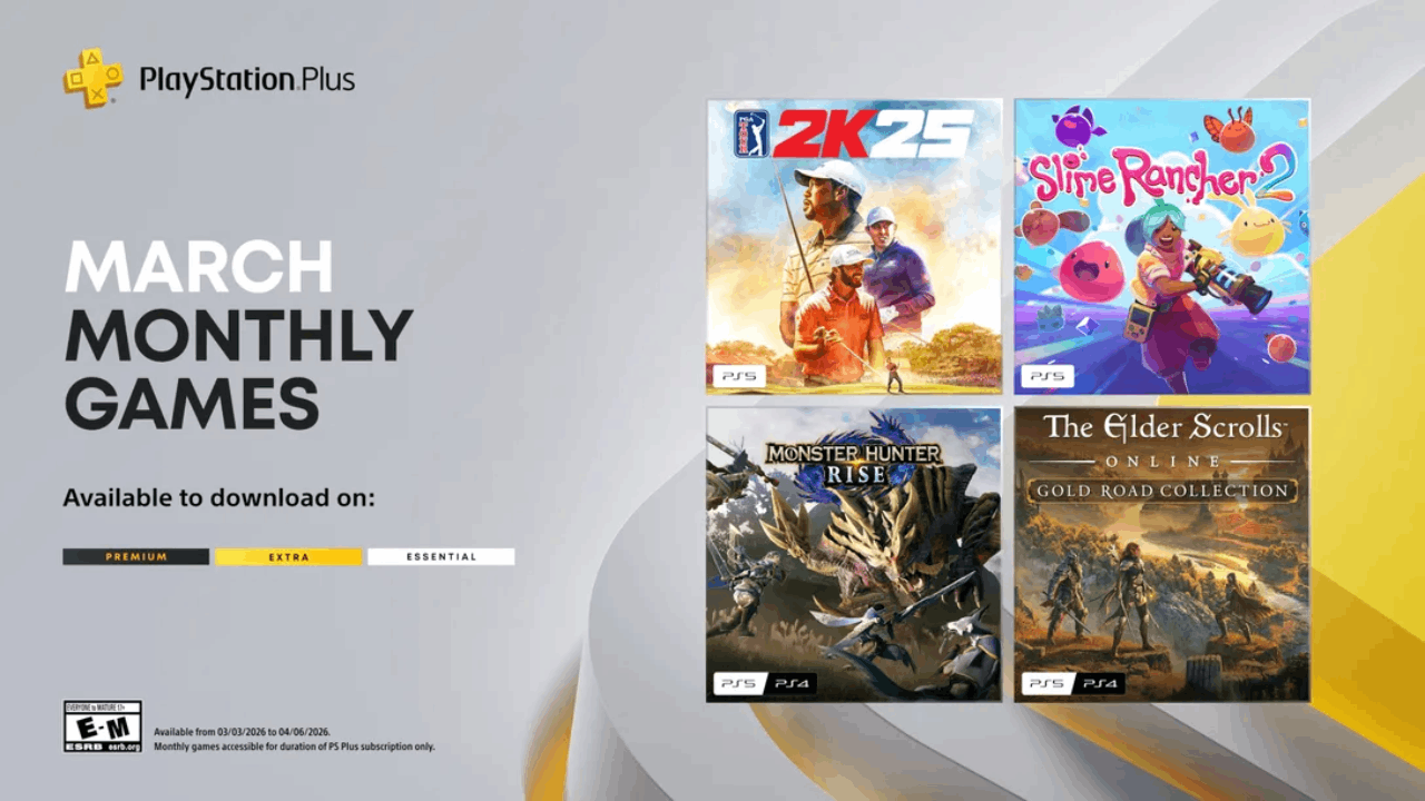 PlayStation Plus March games: NBA 2K24, Slime Rancher 2, Monster Hunter Rise, and Elder Scrolls Online packs.