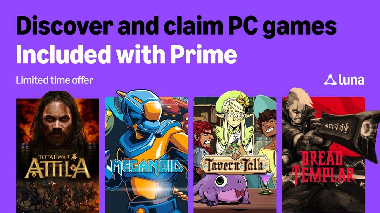 Four game covers with text: "Discover and claim PC games Included with Prime" on a purple background.