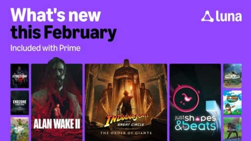 Luna promo for new February 2026 Prime games, including Alan Wake II and Indiana Jones: The Great Circle.