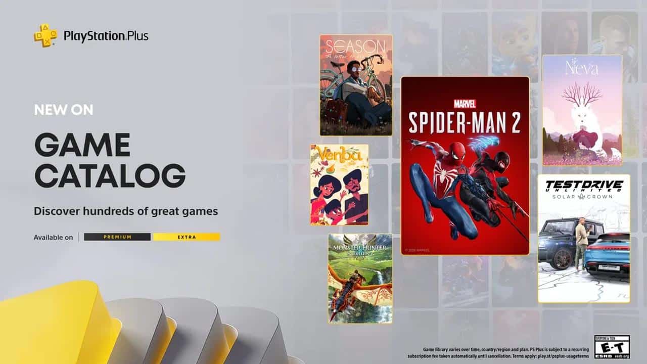PlayStation Plus game catalog promo featuring covers of new games, including Spider-Man 2 and others.