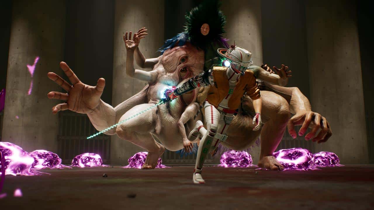 Futuristic warrior fights a multi-armed, monstrous creature in a dark room with glowing purple orbs from ROMEO IS A DEAD MAN.
