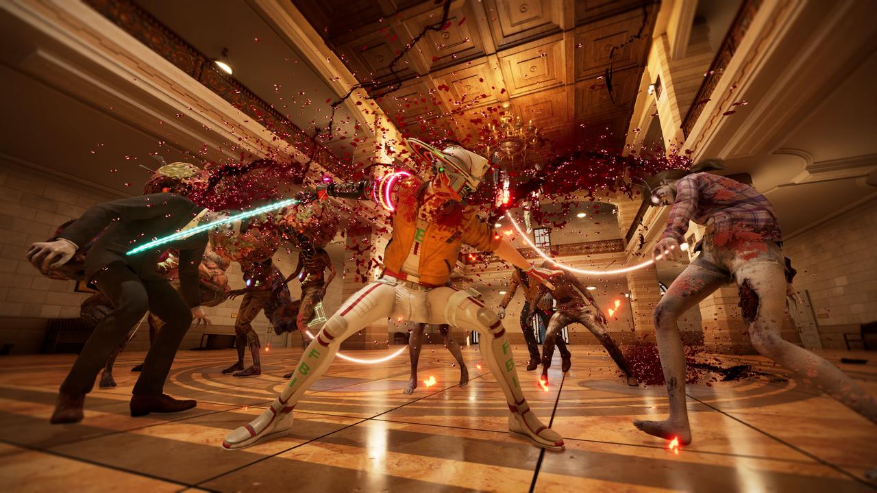 A futuristic warrior battles multiple zombies, slashing them with glowing swords in a grand hall from ROMEO IS A DEAD MAN.