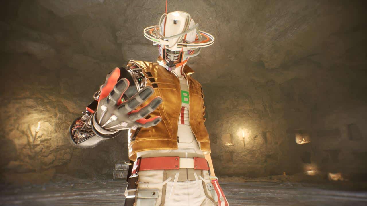 A humanoid robot in a brown jacket reaches out in a dimly lit, rocky cave with glowing lights from ROMEO IS A DEAD MAN.