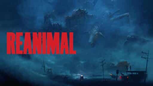 Red text "REANIMAL" over a dark, misty scene with a giant monster looming above ruined buildings and vehicles.
