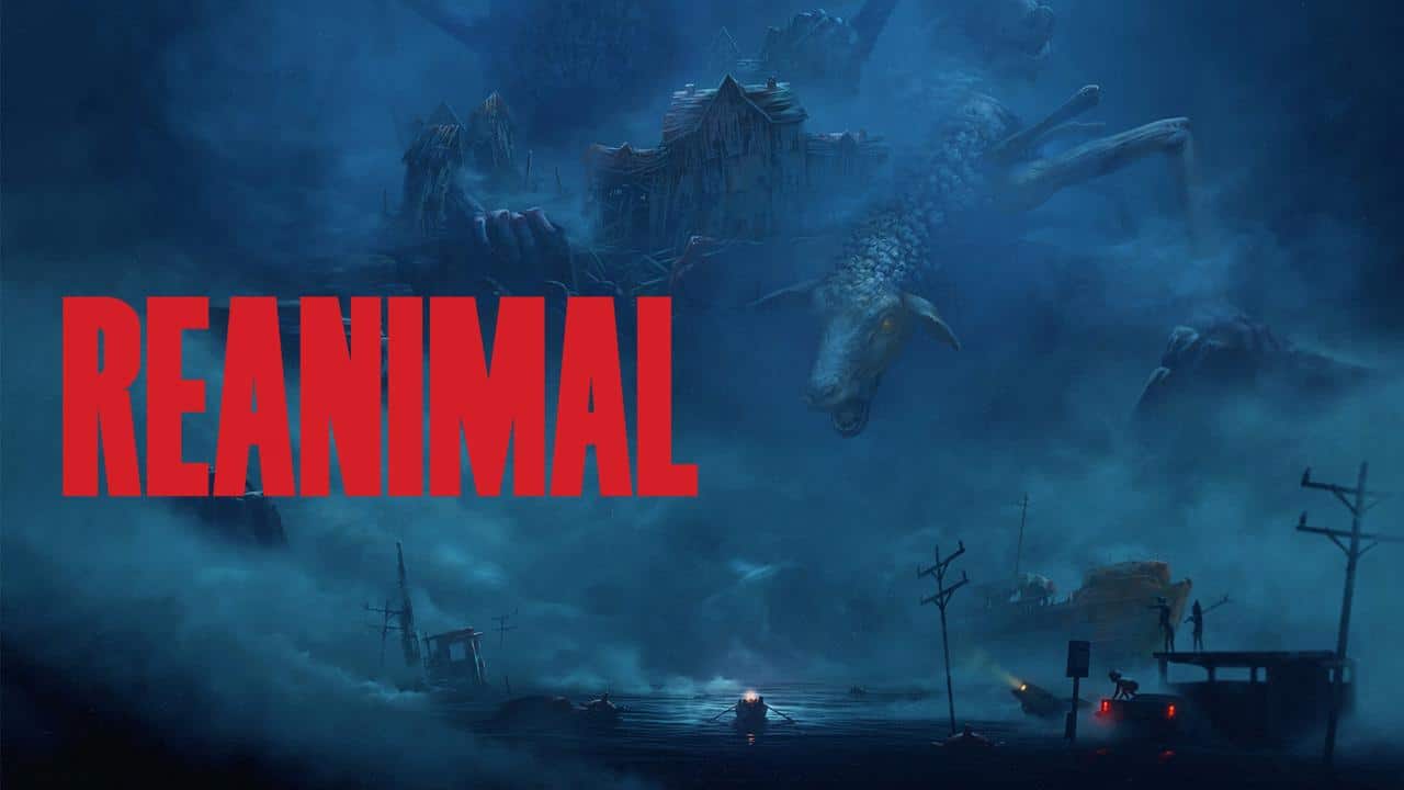 Red text "REANIMAL" over a dark, misty scene with a giant monster looming above ruined buildings and vehicles.
