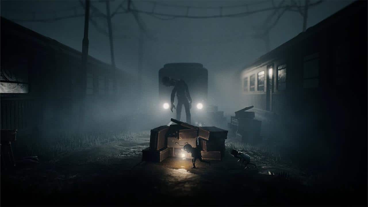 A child with a lantern hides from a shadowy, Reanimal-like figure near train cars in a dark, foggy scene.