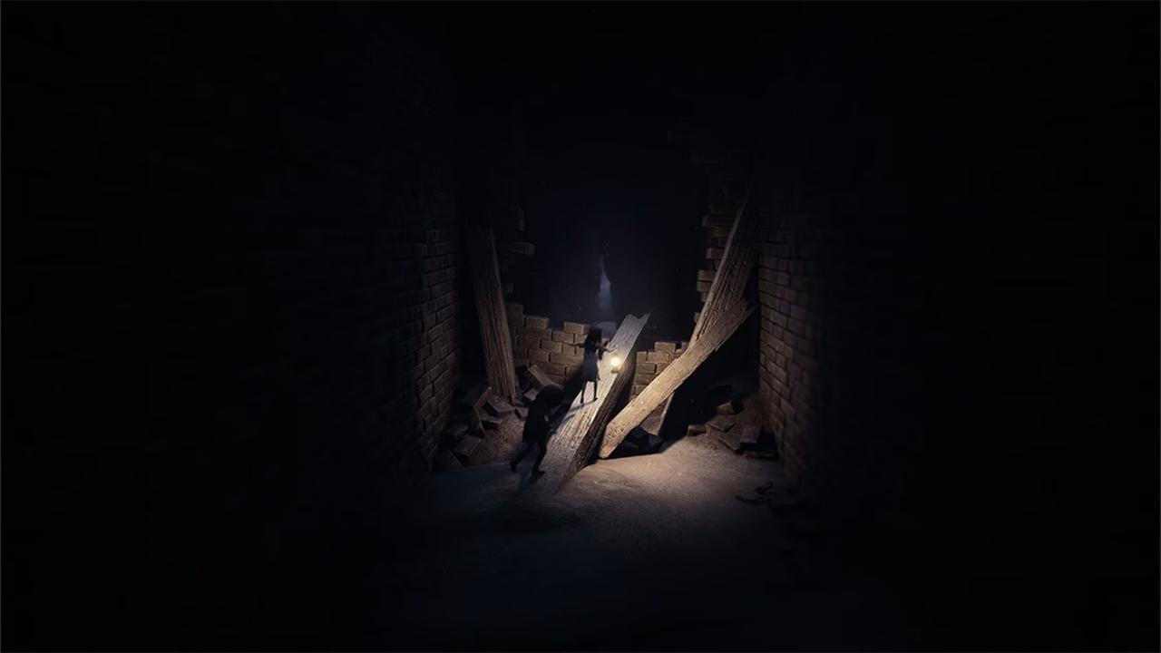 A dark hallway with broken wooden beams and a large hole in a brick wall, dimly lit from behind, hints at Reanimal’s eerie presence.