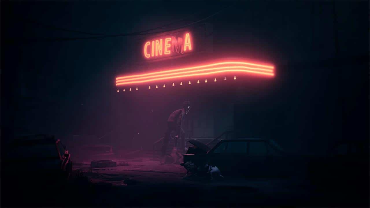 A neon-lit cinema at night exudes a dark, eerie atmosphere, with abandoned cars outside—giving the scene a haunting, almost Reanimal energy.