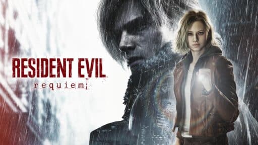 Resident Evil Requiem poster with two characters, one holding a flashlight, and the title in bold red text.