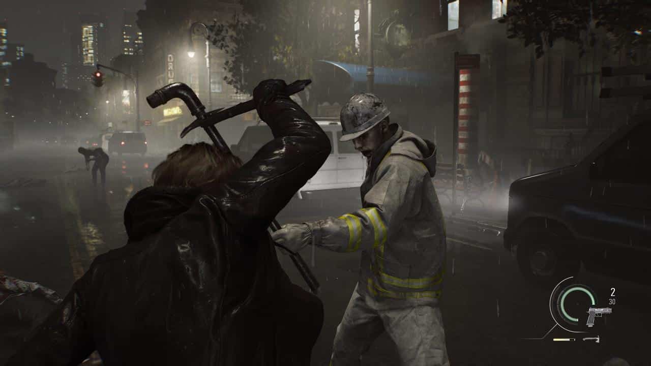 Leon attacks a worker with a crowbar on a rainy, dark city street at night, evoking the tense atmosphere of Resident Evil Requiem.