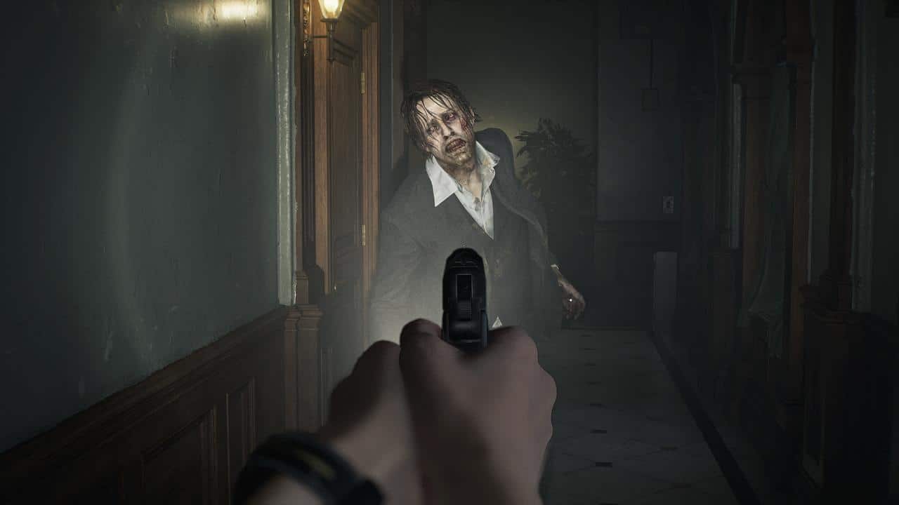 A person aims a gun at a zombie in a dimly lit hallway, evoking the tense atmosphere of Resident Evil Requiem.