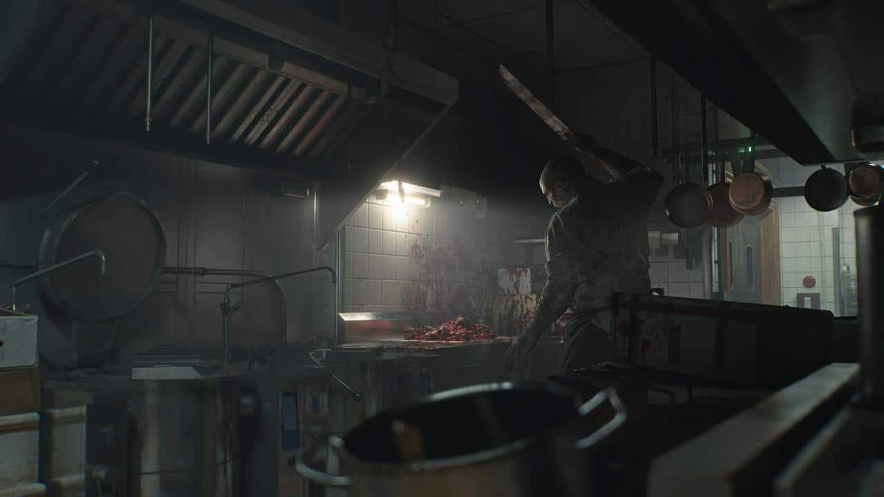 A bloodied figure holds a large knife in a dim, grimy kitchen with meat and blood on the counter—a scene straight out of Resident Evil Requiem.