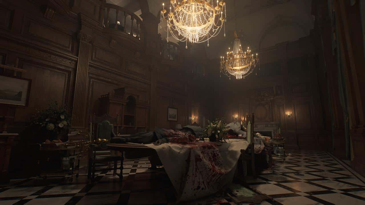 A grand dining room with chandeliers, a blood-stained table, and bodies lying across it, sets a chilling scene reminiscent of Resident Evil Requiem.