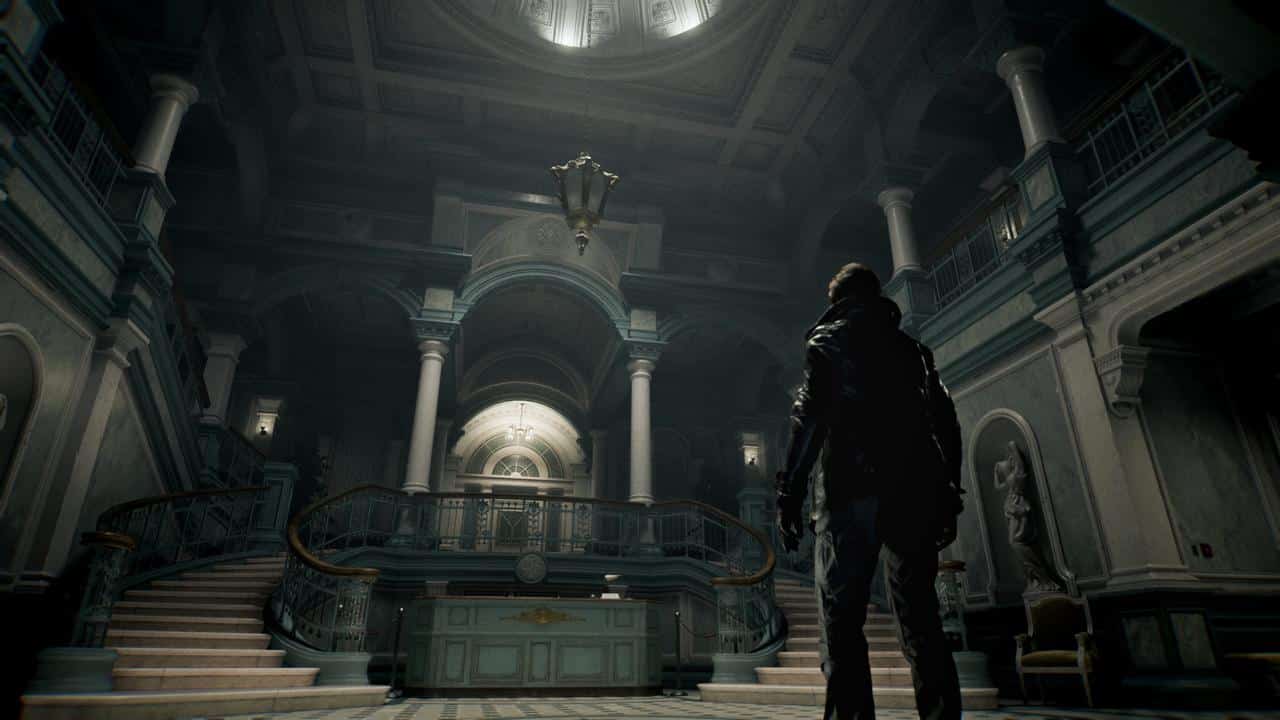 Leon stands in a grand, dimly lit mansion lobby with twin staircases and ornate architecture, evoking the chilling atmosphere of Resident Evil Requiem.