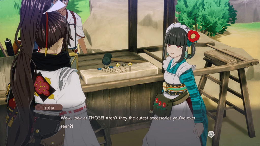 Scene from a game featuring two characters, Iroha, a girl in traditional attire, excitedly pointing at accessories on a stall, while another character observes.