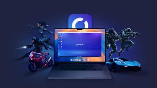A laptop displaying a blue screen is surrounded by animated gamers, a red motorcycle, and a blue sports car—illustrating the excitement of the latest Shadow PC ShadowPost update.