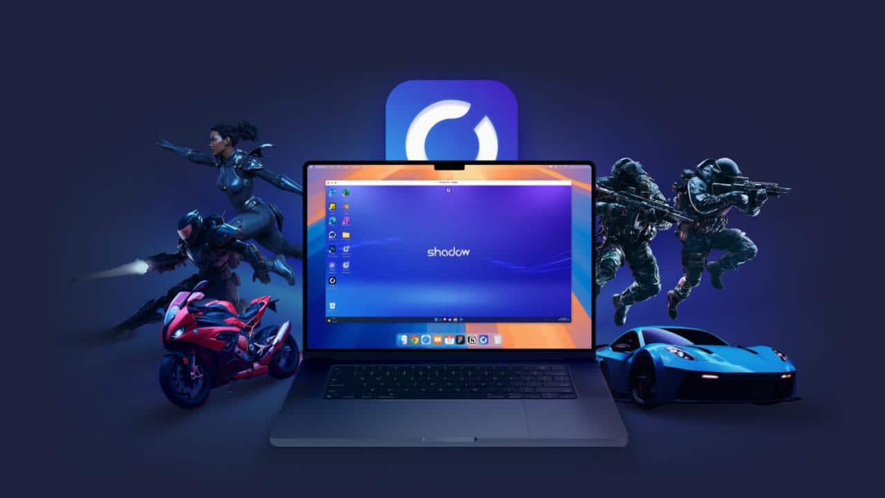 A laptop displaying a blue screen is surrounded by animated gamers, a red motorcycle, and a blue sports car—illustrating the excitement of the latest Shadow PC ShadowPost update.