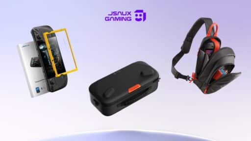 JSaux Gaming logo with a screen protector, carrying case, and backpack for handheld gaming devices.